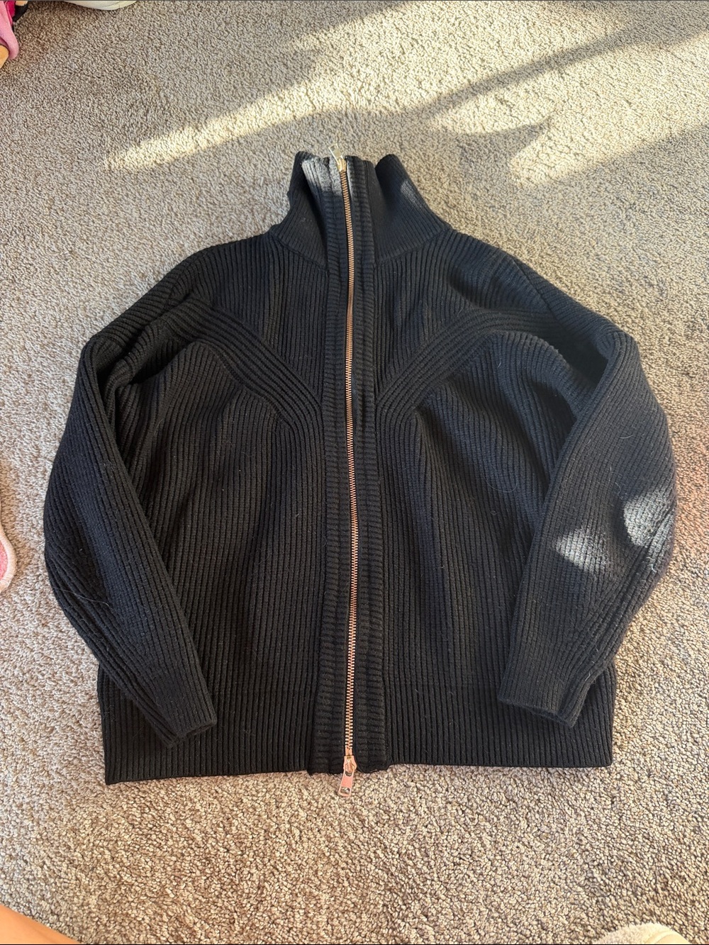 Black Full-Zip Ribbed Knit Sweater